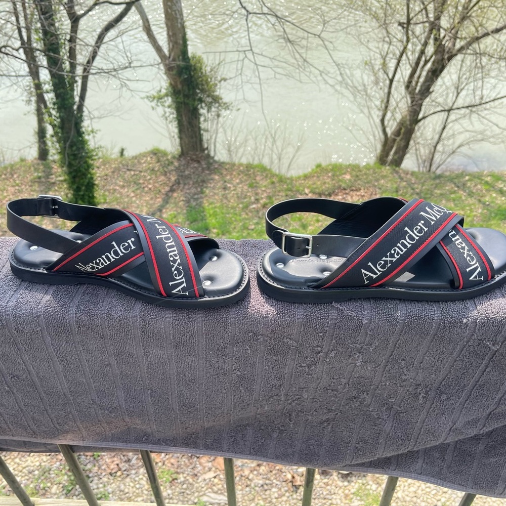 Alexander McQueen $650 Black Silver Crossed Hybrid Men’s Slide Sandals MCQ US 11 - Picture 10 of 11